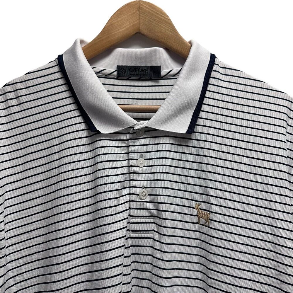 G/Fore Mens XL Golf Polo Shirt Golden Goat Embroidery White/Blue Stripe RARE euc